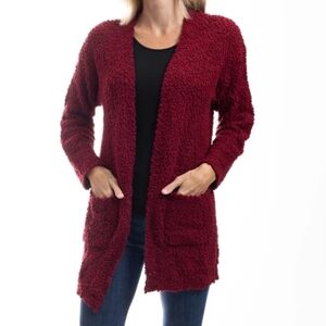 Linda Anderson CozyLux Chenille Burgundy Slub Open Front Cardigan Sweater XL